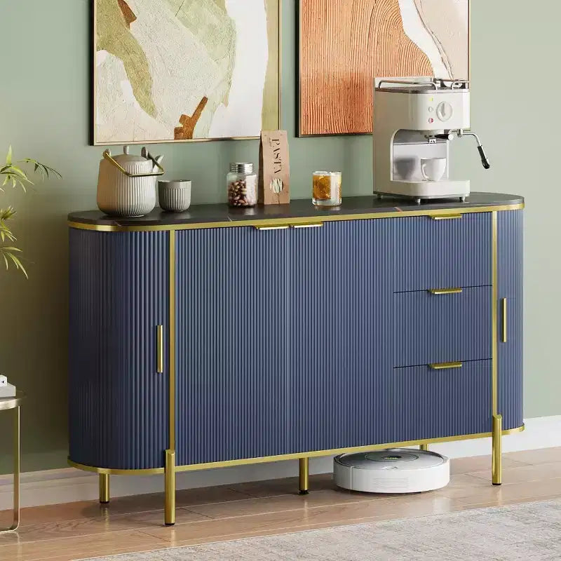 Buffet bas ovale moderne de 150 cm, commode à cannelures avec 3 tiroirs et étagère réglable, grande console en bois pour salle à manger, cuisine