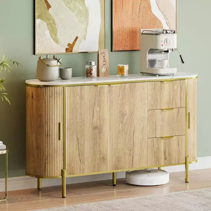 59 Modern Oval Sideboard Cabinet, Fluted Buffet Cupboard with 3 Drawers & Adjustable Shelf, Large Wood Console for Dining Room, Kitchen