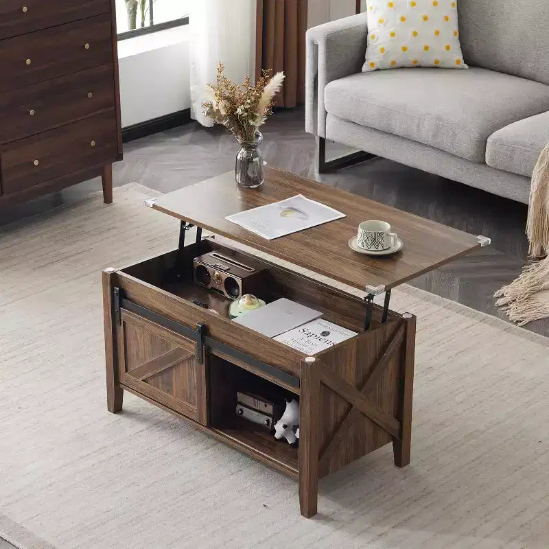 VINGLI Farmhouse Lift Top Coffee Table, Coffee Tables with Storage Shelf/Hidden Compartment, Mesa De Centro para Sala, Rustic Brown