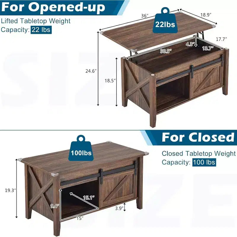Table Basse Relevable de Ferme, Tables Basses avec Étagère de Rangement/Compartiment Caché, Mesa De Centro para Sala, Marron Rustique