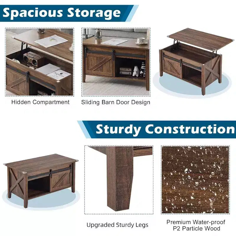 Table Basse Relevable de Ferme, Tables Basses avec Étagère de Rangement/Compartiment Caché, Mesa De Centro para Sala, Marron Rustique