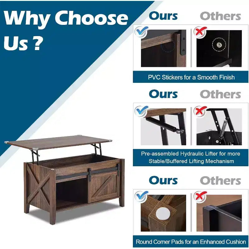 Table Basse Relevable de Ferme, Tables Basses avec Étagère de Rangement/Compartiment Caché, Mesa De Centro para Sala, Marron Rustique