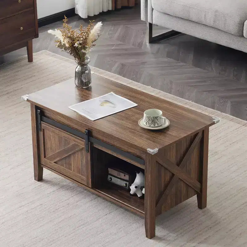 Table Basse Relevable de Ferme, Tables Basses avec Étagère de Rangement/Compartiment Caché, Mesa De Centro para Sala, Marron Rustique