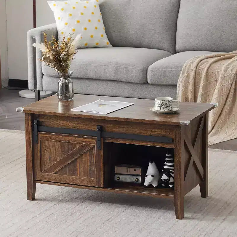 Table Basse Relevable de Ferme, Tables Basses avec Étagère de Rangement/Compartiment Caché, Mesa De Centro para Sala, Marron Rustique