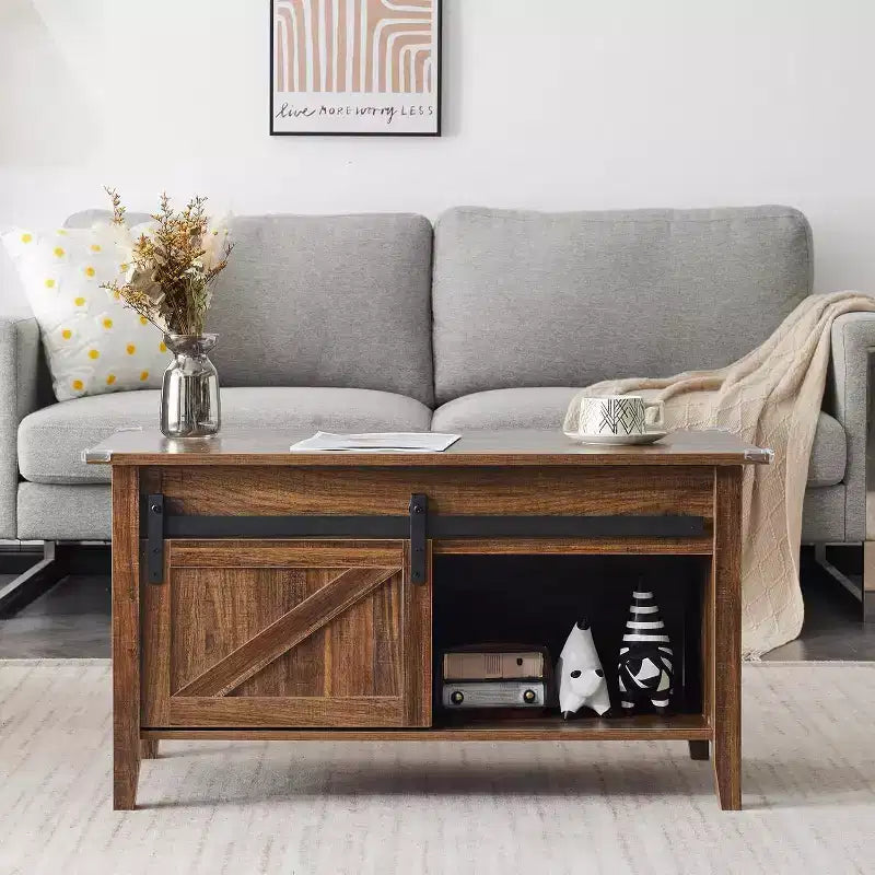 Table Basse Relevable de Ferme, Tables Basses avec Étagère de Rangement/Compartiment Caché, Mesa De Centro para Sala, Marron Rustique