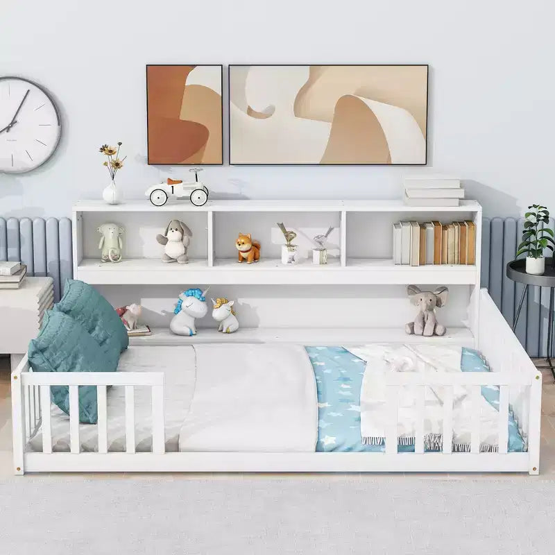 Bellemave Full Floor Bed with Side Bookcase and Shelves,Pine Floor Bed Frame with Guardrails for Kids,White