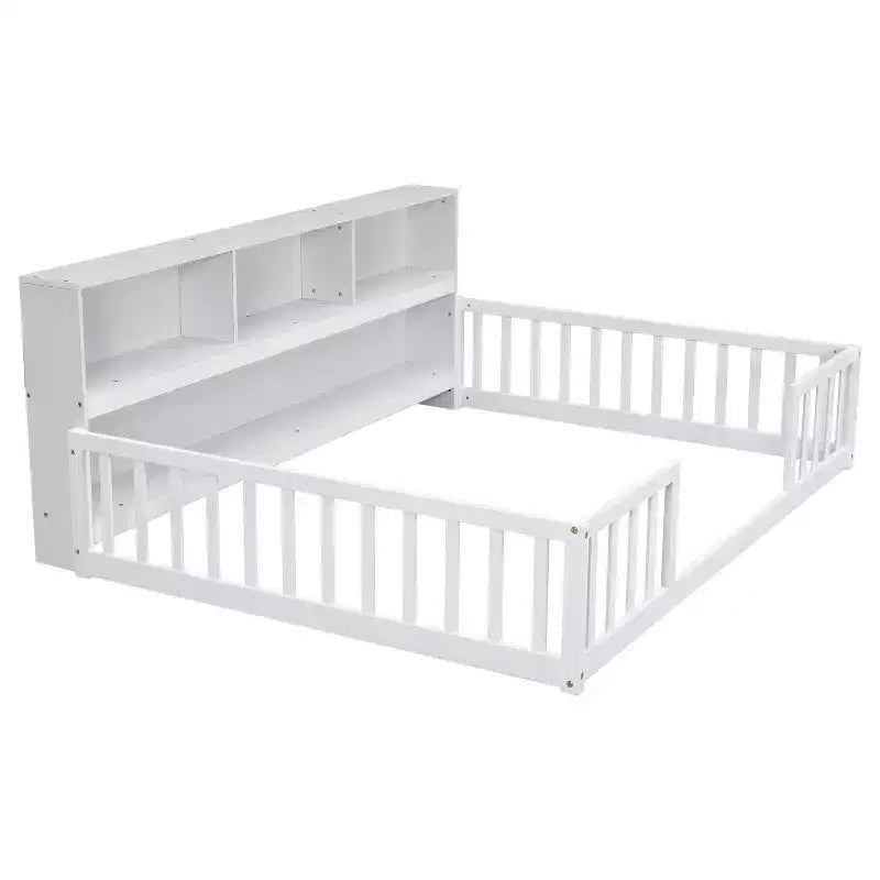 Lit au sol complet avec bibliothèque latérale et étagères, cadre de lit au sol en pin avec barrières de sécurité pour enfants, blanc
