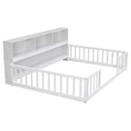 Lit au sol complet avec bibliothèque latérale et étagères, cadre de lit au sol en pin avec barrières de sécurité pour enfants, blanc