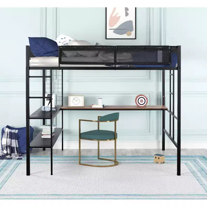 Bellemave Metal Full Size Loft Bed with Desk / Sturdy Metal Bed Frame/ Noise-free Wood Slats/ Comfortable Textilene GuardrailSuitable for teenagers