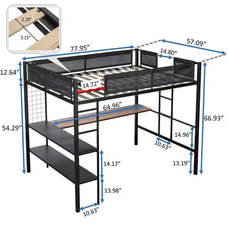 Lit mezzanine double en métal avec bureau / Cadre de lit robuste en métal / Lattes en bois silencieuses / Balustrade confortable en textilène Convient aux adolescents