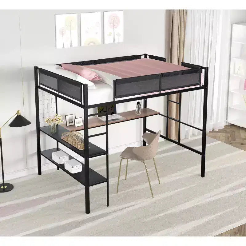 Lit mezzanine double en métal avec bureau / Cadre de lit robuste en métal / Lattes en bois silencieuses / Balustrade confortable en textilène Convient aux adolescents