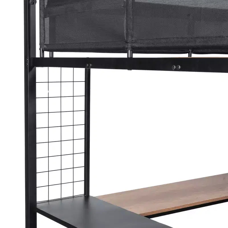 Lit mezzanine double en métal avec bureau / Cadre de lit robuste en métal / Lattes en bois silencieuses / Balustrade confortable en textilène Convient aux adolescents
