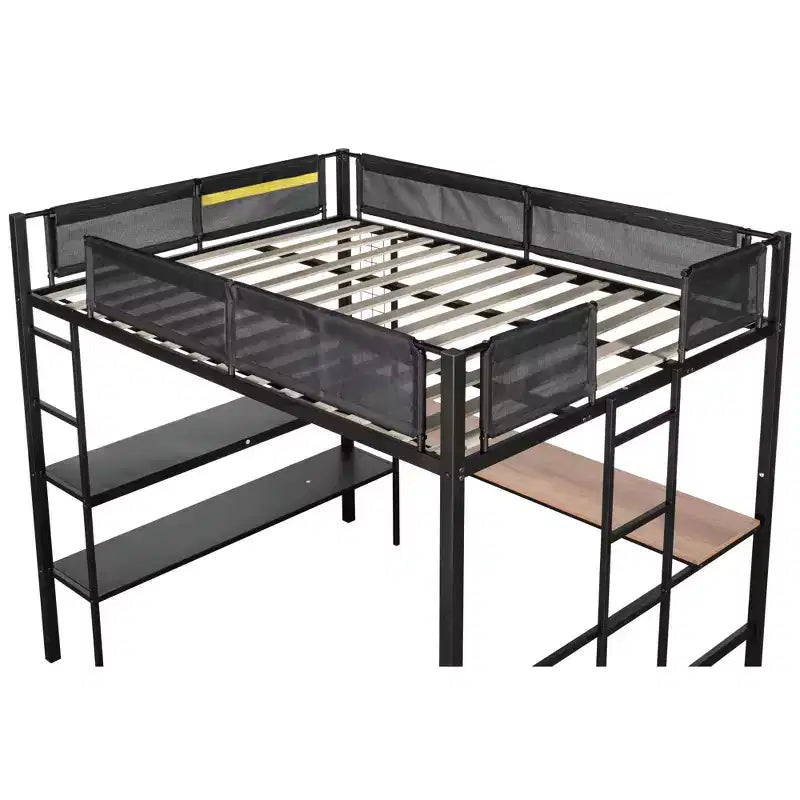 Lit mezzanine double en métal avec bureau / Cadre de lit robuste en métal / Lattes en bois silencieuses / Balustrade confortable en textilène Convient aux adolescents