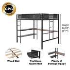 Lit mezzanine double en métal avec bureau / Cadre de lit robuste en métal / Lattes en bois silencieuses / Balustrade confortable en textilène Convient aux adolescents