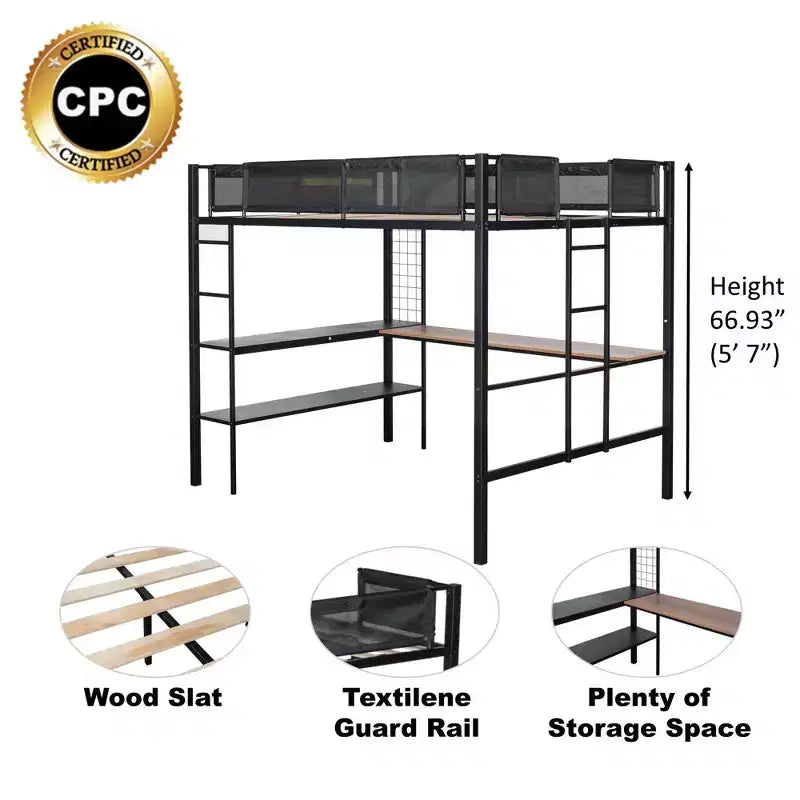Lit mezzanine double en métal avec bureau / Cadre de lit robuste en métal / Lattes en bois silencieuses / Balustrade confortable en textilène Convient aux adolescents