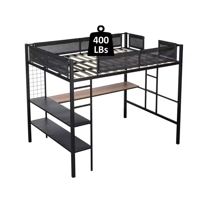 Lit mezzanine double en métal avec bureau / Cadre de lit robuste en métal / Lattes en bois silencieuses / Balustrade confortable en textilène Convient aux adolescents