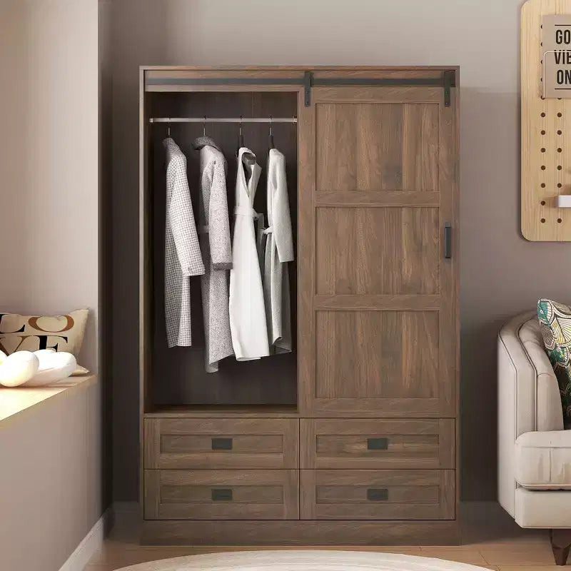 Grande Armoire de Chambre à Coucher avec Tringle à Vêtements, Portes Coulissantes, Tiroirs et Étagères Ouvertes