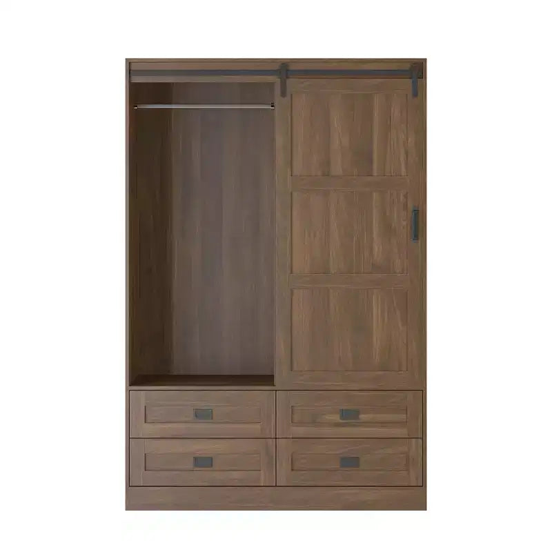 Grande Armoire de Chambre à Coucher avec Tringle à Vêtements, Portes Coulissantes, Tiroirs et Étagères Ouvertes