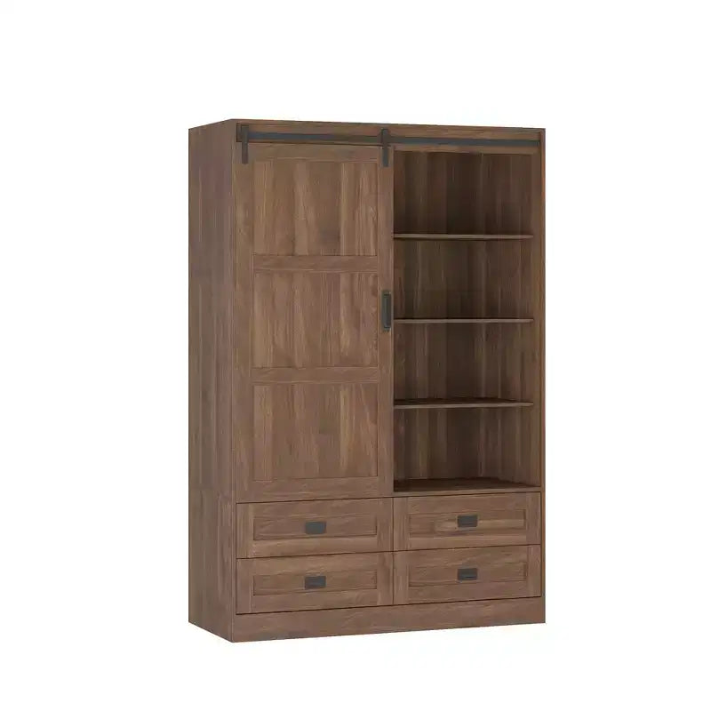 Grande Armoire de Chambre à Coucher avec Tringle à Vêtements, Portes Coulissantes, Tiroirs et Étagères Ouvertes