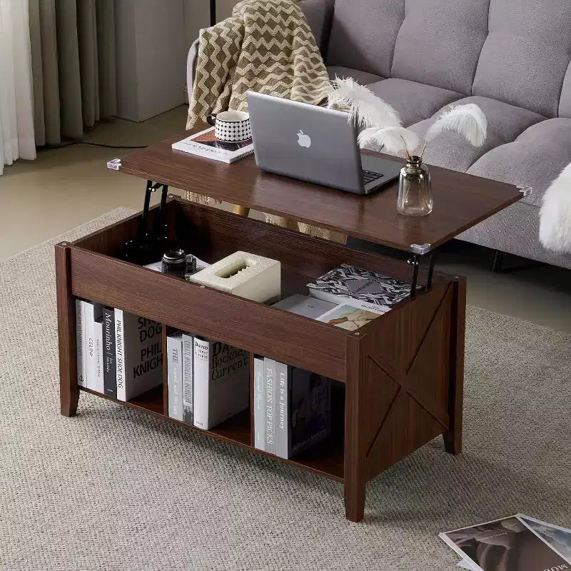 VINGLI Farmhouse Lift Top Coffee Table, Coffee Tables for Living Room with Storage Shelf/Hidden Compartment, Mesa De Centro para Sala, Rustic Brown