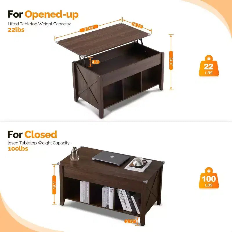 Table basse relevable de ferme, tables basses de salon avec étagère de rangement/compartiment caché, marron rustique