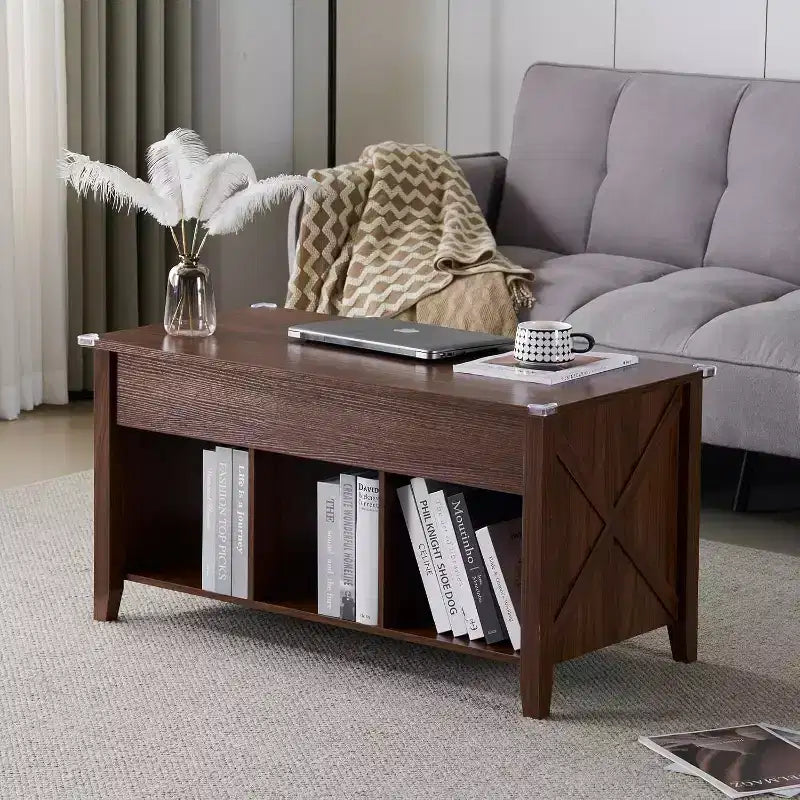 Table basse relevable de ferme, tables basses de salon avec étagère de rangement/compartiment caché, marron rustique
