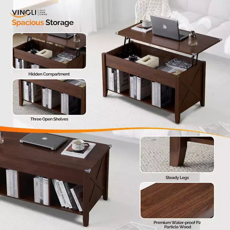 Table basse relevable de ferme, tables basses de salon avec étagère de rangement/compartiment caché, marron rustique