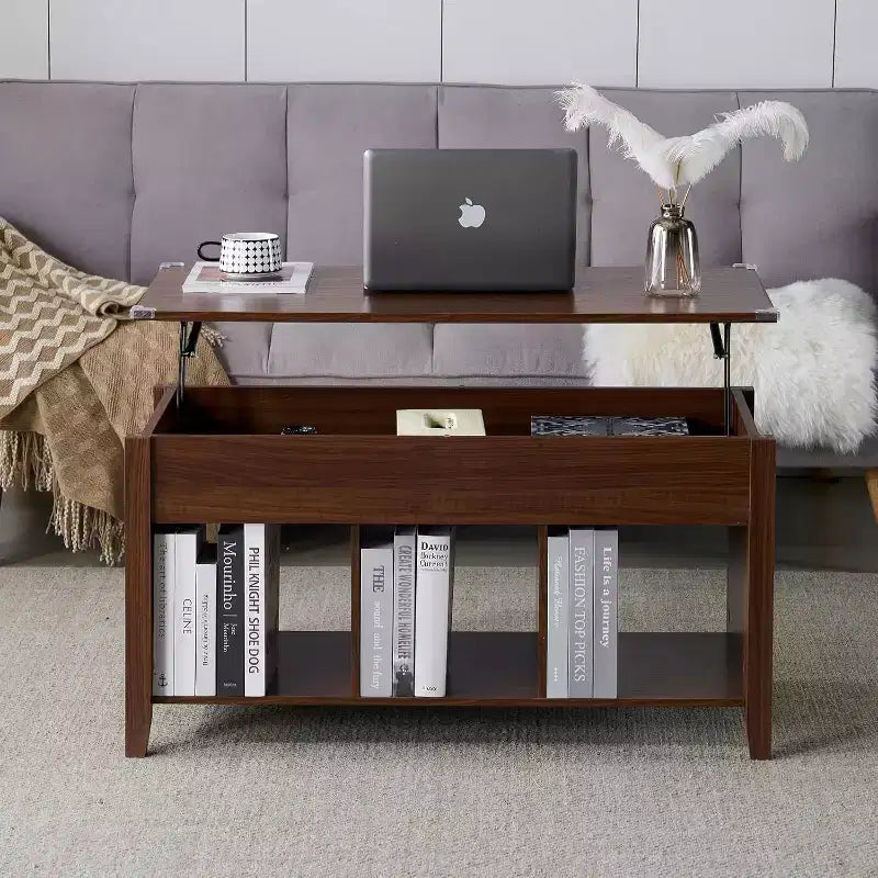 Table basse relevable de ferme, tables basses de salon avec étagère de rangement/compartiment caché, marron rustique