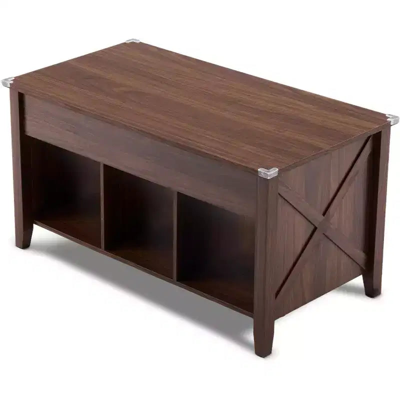Table basse relevable de ferme, tables basses de salon avec étagère de rangement/compartiment caché, marron rustique