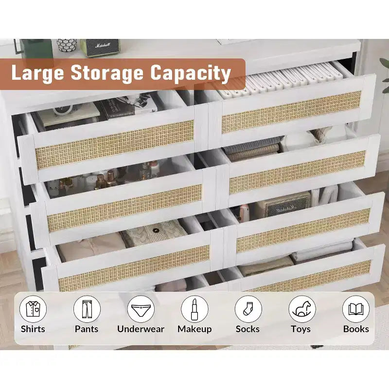 Armoire de chambre moderne en bois à 8 tiroirs avec accents en rotin Convient aux placards, crèches, salons et entrées Table de chevet en bois de grande largeur