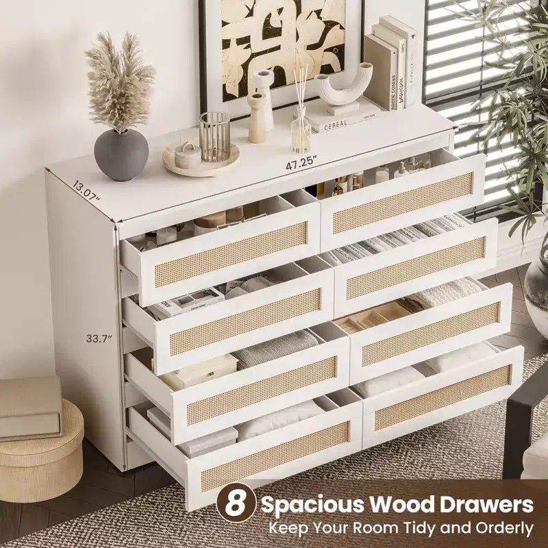 Armoire de chambre moderne en bois à 8 tiroirs avec accents en rotin Convient aux placards, crèches, salons et entrées Table de chevet en bois de grande largeur