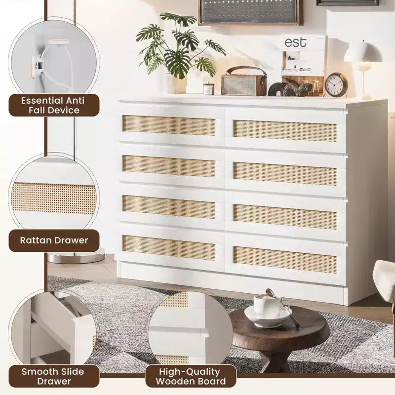 Armoire de chambre moderne en bois à 8 tiroirs avec accents en rotin Convient aux placards, crèches, salons et entrées Table de chevet en bois de grande largeur
