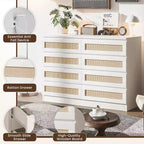 Armoire de chambre moderne en bois à 8 tiroirs avec accents en rotin Convient aux placards, crèches, salons et entrées Table de chevet en bois de grande largeur
