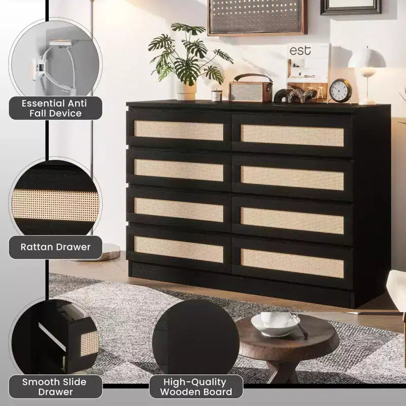 Armoire de chambre moderne en bois à 8 tiroirs avec accents en rotin Convient aux placards, crèches, salons et entrées Table de chevet en bois de grande largeur