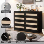 Armoire de chambre moderne en bois à 8 tiroirs avec accents en rotin Convient aux placards, crèches, salons et entrées Table de chevet en bois de grande largeur