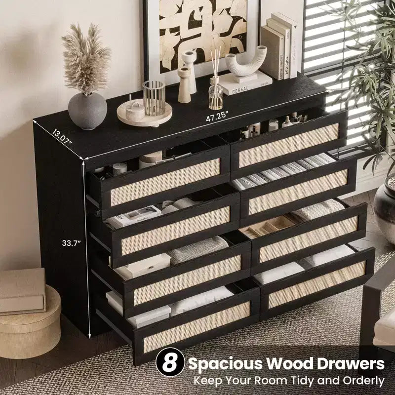 Armoire de chambre moderne en bois à 8 tiroirs avec accents en rotin Convient aux placards, crèches, salons et entrées Table de chevet en bois de grande largeur