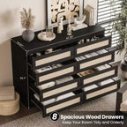 Armoire de chambre moderne en bois à 8 tiroirs avec accents en rotin Convient aux placards, crèches, salons et entrées Table de chevet en bois de grande largeur