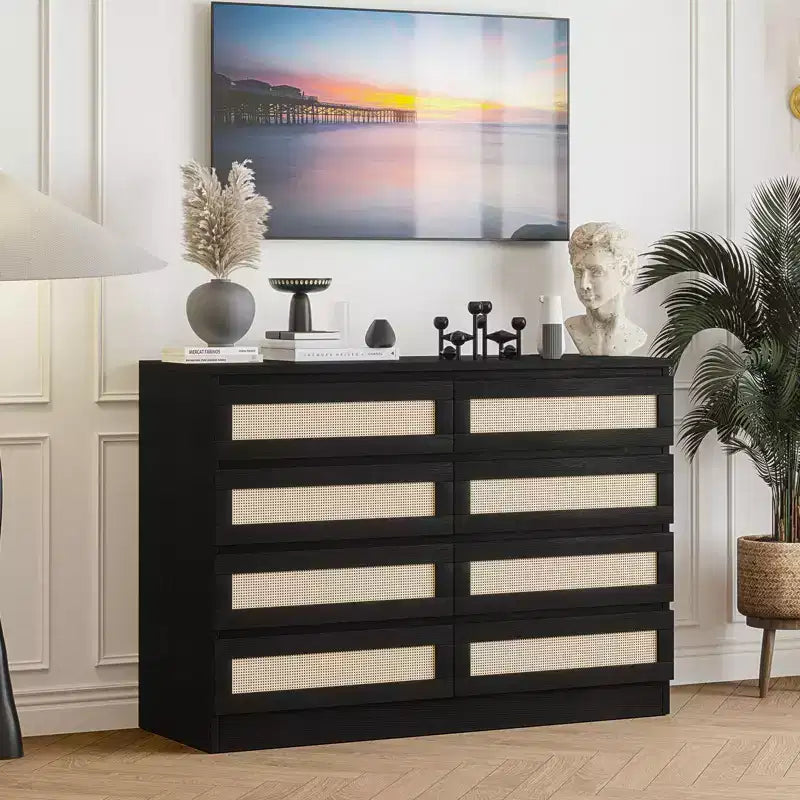 Armoire de chambre moderne en bois à 8 tiroirs avec accents en rotin Convient aux placards, crèches, salons et entrées Table de chevet en bois de grande largeur