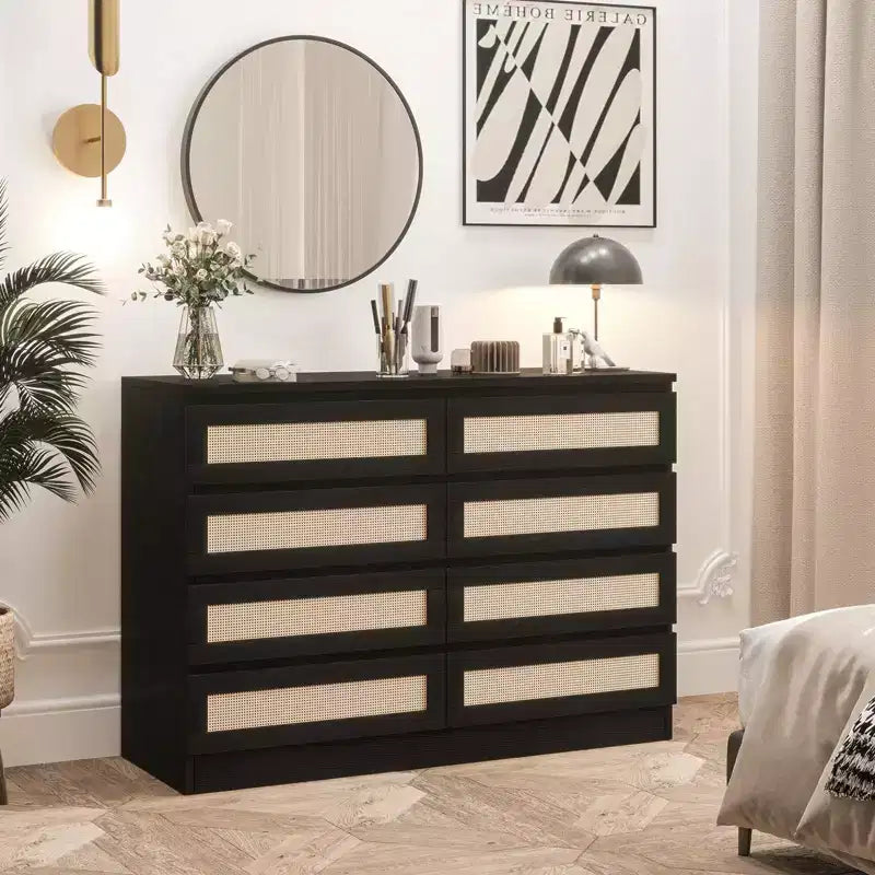 Armoire de chambre moderne en bois à 8 tiroirs avec accents en rotin Convient aux placards, crèches, salons et entrées Table de chevet en bois de grande largeur