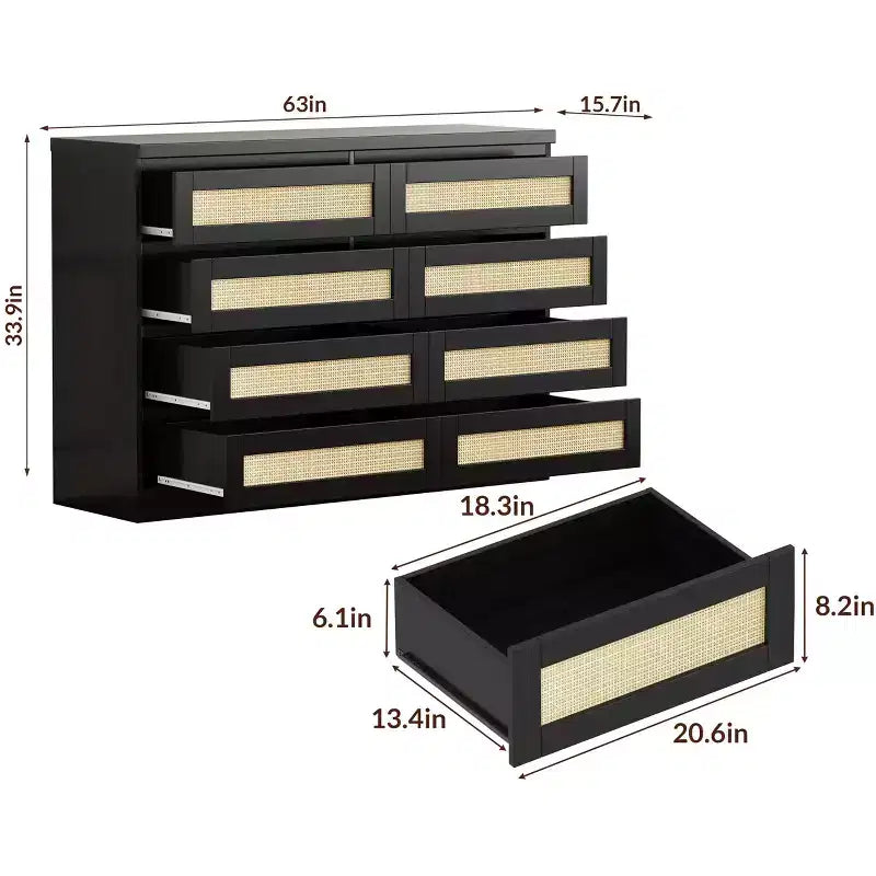 Armoire de chambre moderne en bois à 8 tiroirs avec accents en rotin Convient aux placards, crèches, salons et entrées Table de chevet en bois de grande largeur