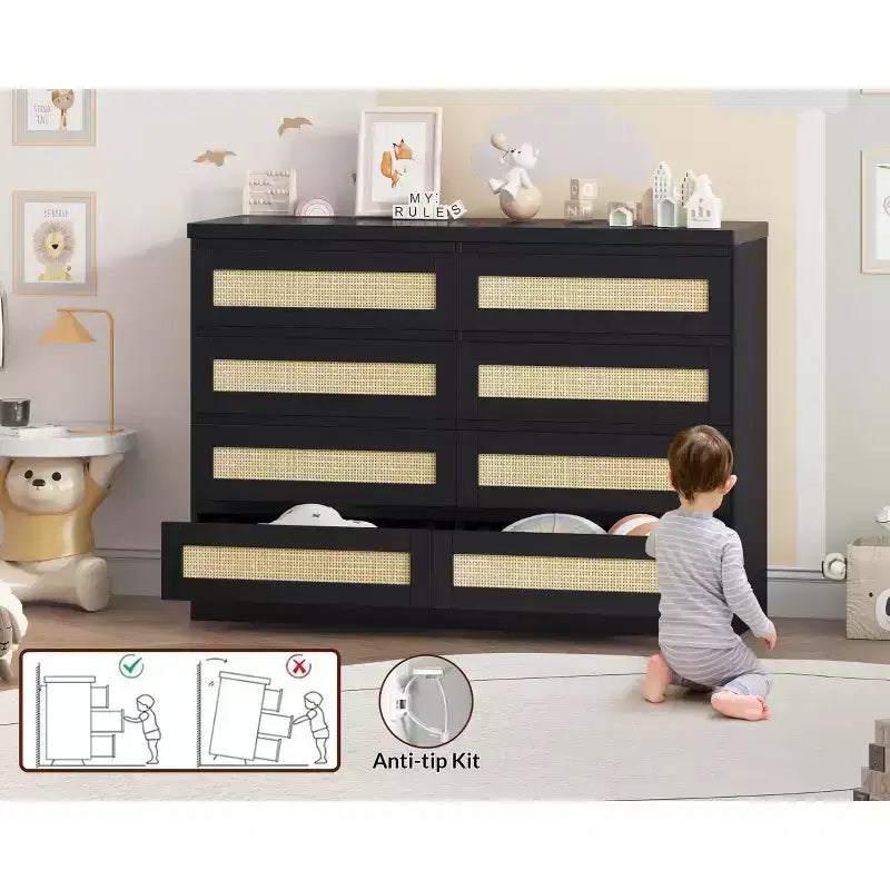 Armoire de chambre moderne en bois à 8 tiroirs avec accents en rotin Convient aux placards, crèches, salons et entrées Table de chevet en bois de grande largeur