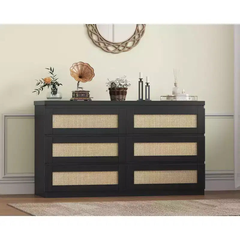 Armoire de chambre moderne en bois à 8 tiroirs avec accents en rotin Convient aux placards, crèches, salons et entrées Table de chevet en bois de grande largeur