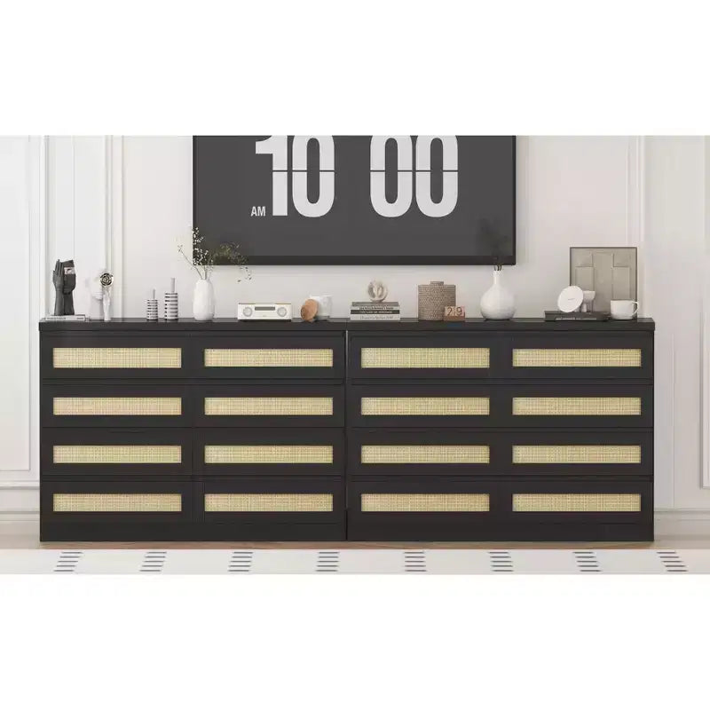 Armoire de chambre moderne en bois à 8 tiroirs avec accents en rotin Convient aux placards, crèches, salons et entrées Table de chevet en bois de grande largeur