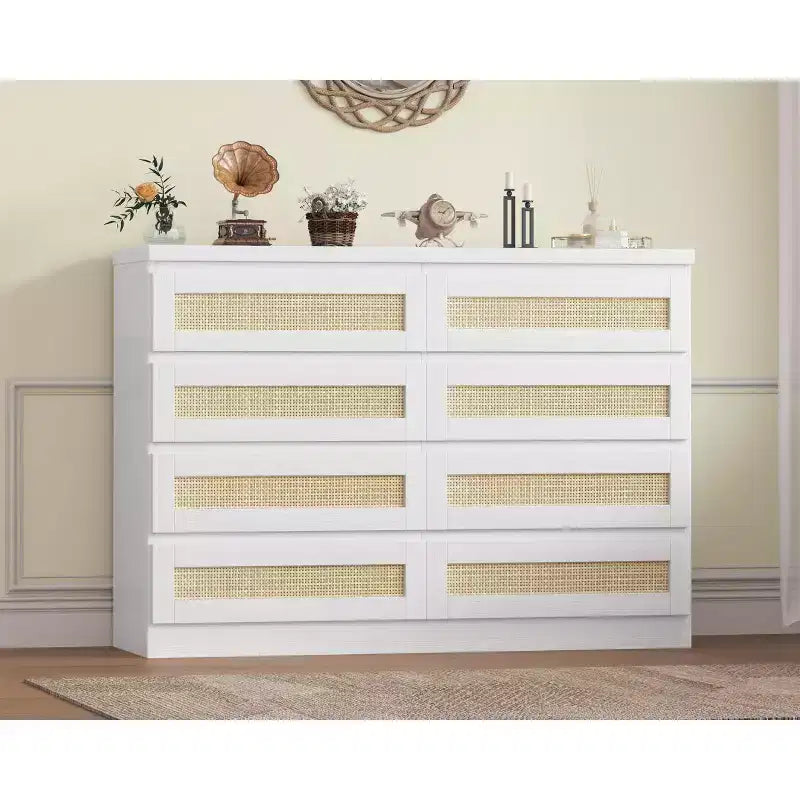 Armoire de chambre moderne en bois à 8 tiroirs avec accents en rotin Convient aux placards, crèches, salons et entrées Table de chevet en bois de grande largeur