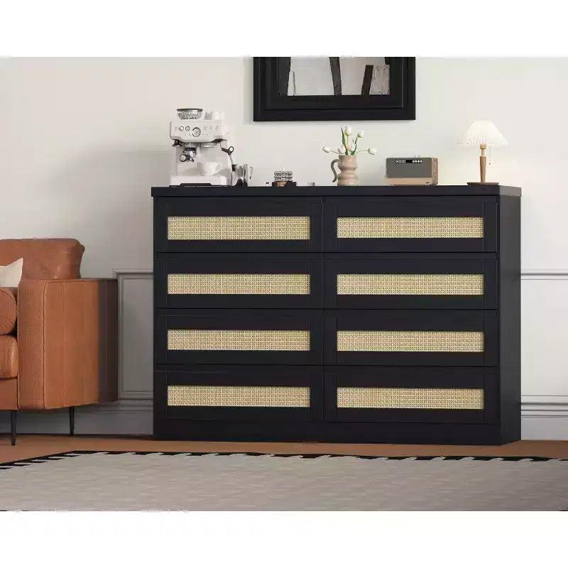 Modern 8-Drawer Wooden Bedroom Wardrobe with Rattan Accents Suitable for closets, nurseries, living rooms, and entryways Wide-width wooden nightstand