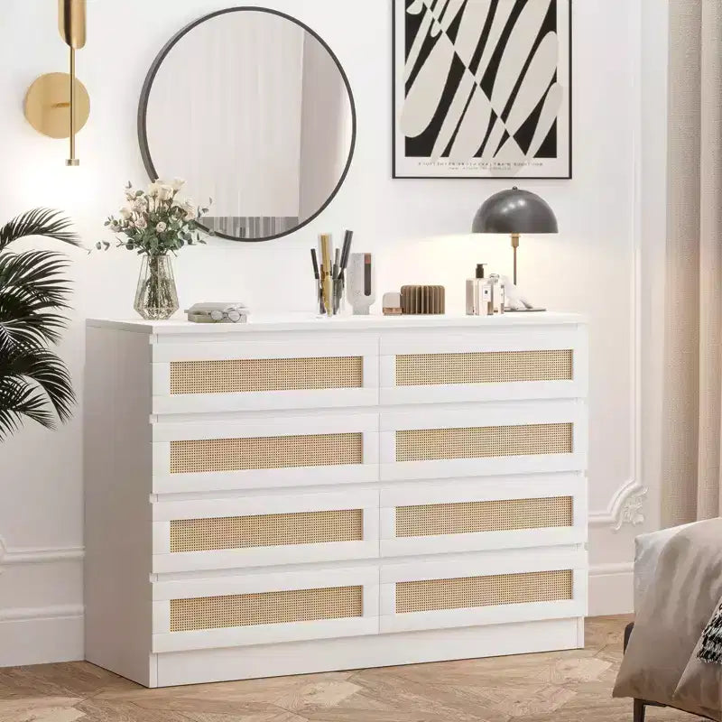 Armoire de chambre moderne en bois à 8 tiroirs avec accents en rotin Convient aux placards, crèches, salons et entrées Table de chevet en bois de grande largeur