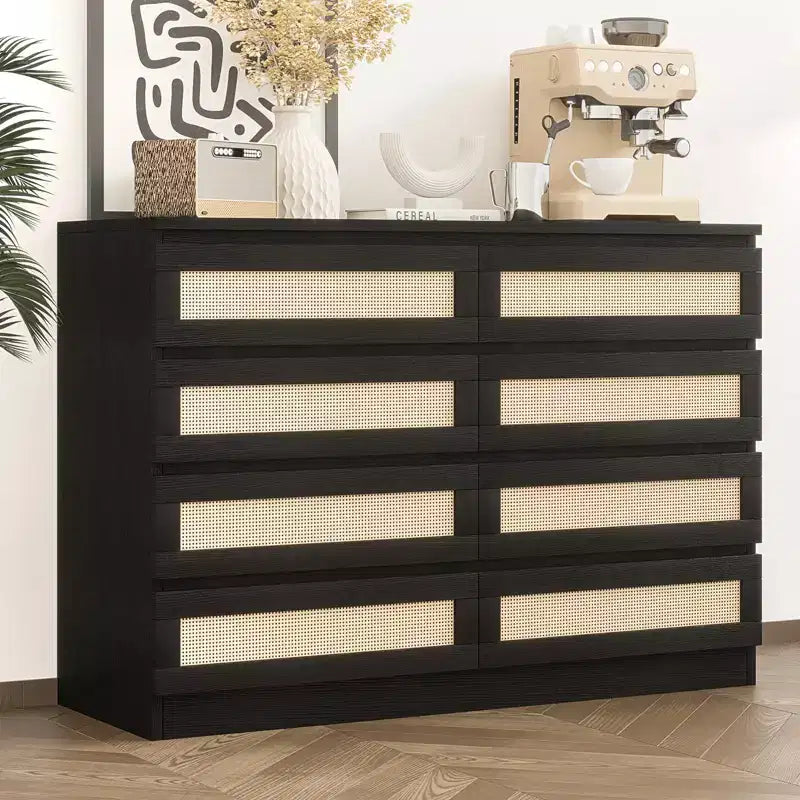 Armoire de chambre moderne en bois à 8 tiroirs avec accents en rotin Convient aux placards, crèches, salons et entrées Table de chevet en bois de grande largeur