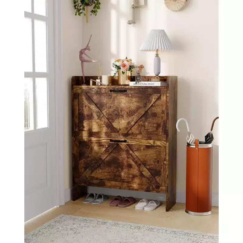 Meuble à chaussures avec 2 tiroirs basculants, Organisateur de chaussures autonome dissimulé avec poignée en métal, Étagère à chaussures mince pour couloir, salon, appartement