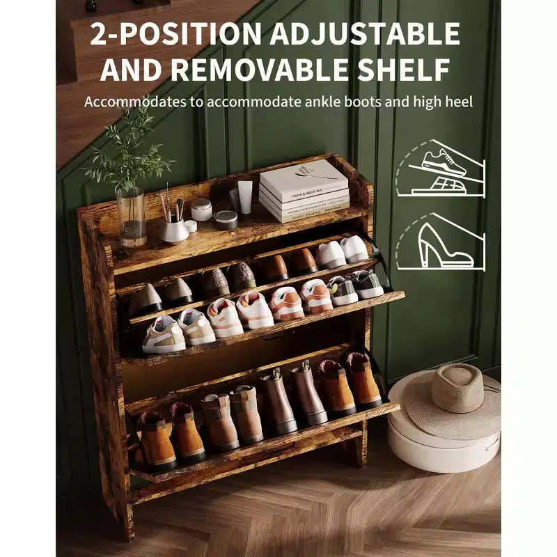 Meuble à chaussures avec 2 tiroirs basculants, Organisateur de chaussures autonome dissimulé avec poignée en métal, Étagère à chaussures mince pour couloir, salon, appartement