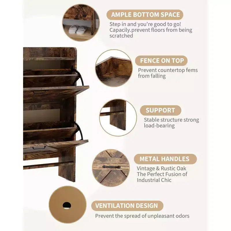 Meuble à chaussures avec 2 tiroirs basculants, Organisateur de chaussures autonome dissimulé avec poignée en métal, Étagère à chaussures mince pour couloir, salon, appartement